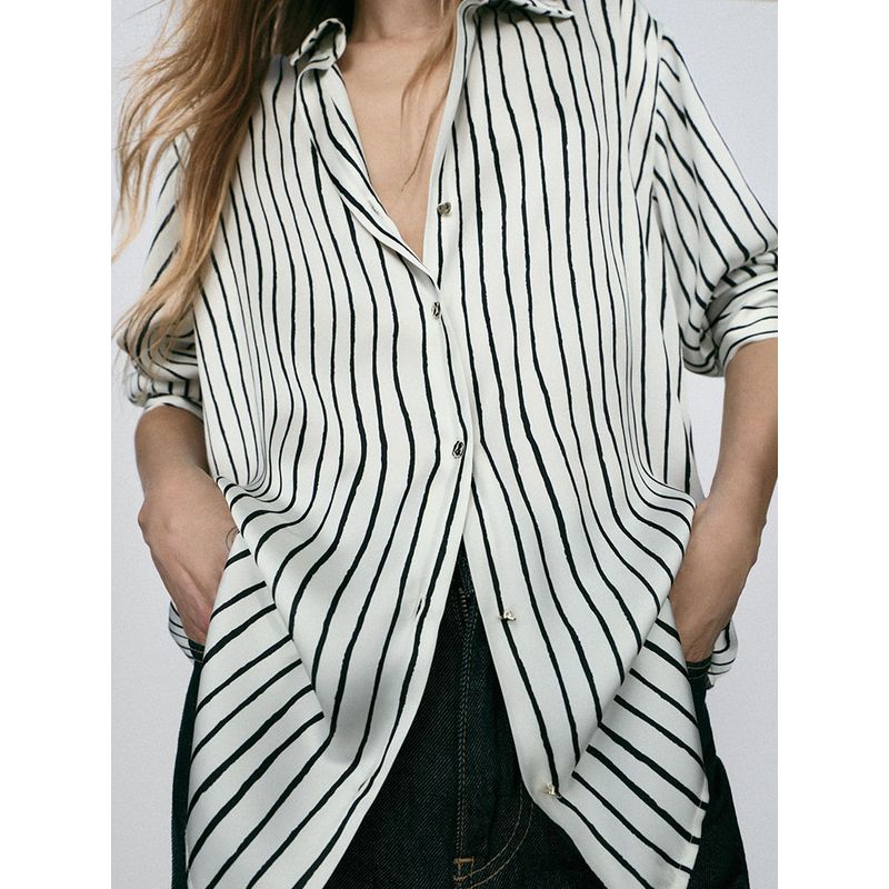 Za2025 Spring New Women's Clothing All-Matching Striped Silk Satin Texture Long Sleeves Lapel Casual Shirt 2074140