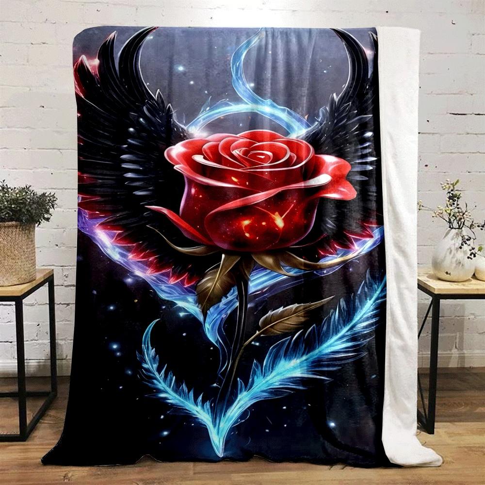 A Glowing Red Rose with Black Wings and Blue, Fiery Feather Accents. for All Seasons Blanket Lunch Break Throw Gift