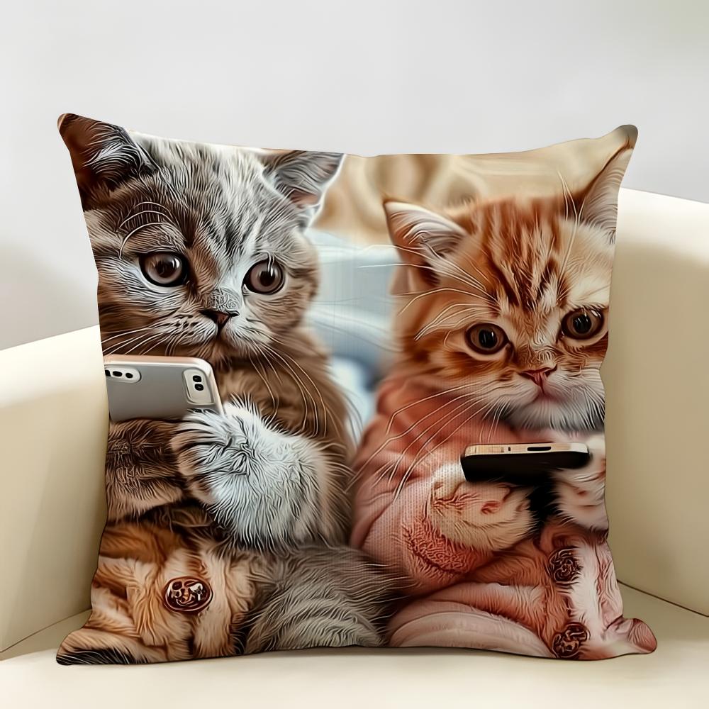 Cute Cat Holding Phone Cushion Cover Natural Linen Organic Fabric DoubleSided Printing Room Sofa Decor Pillow Case