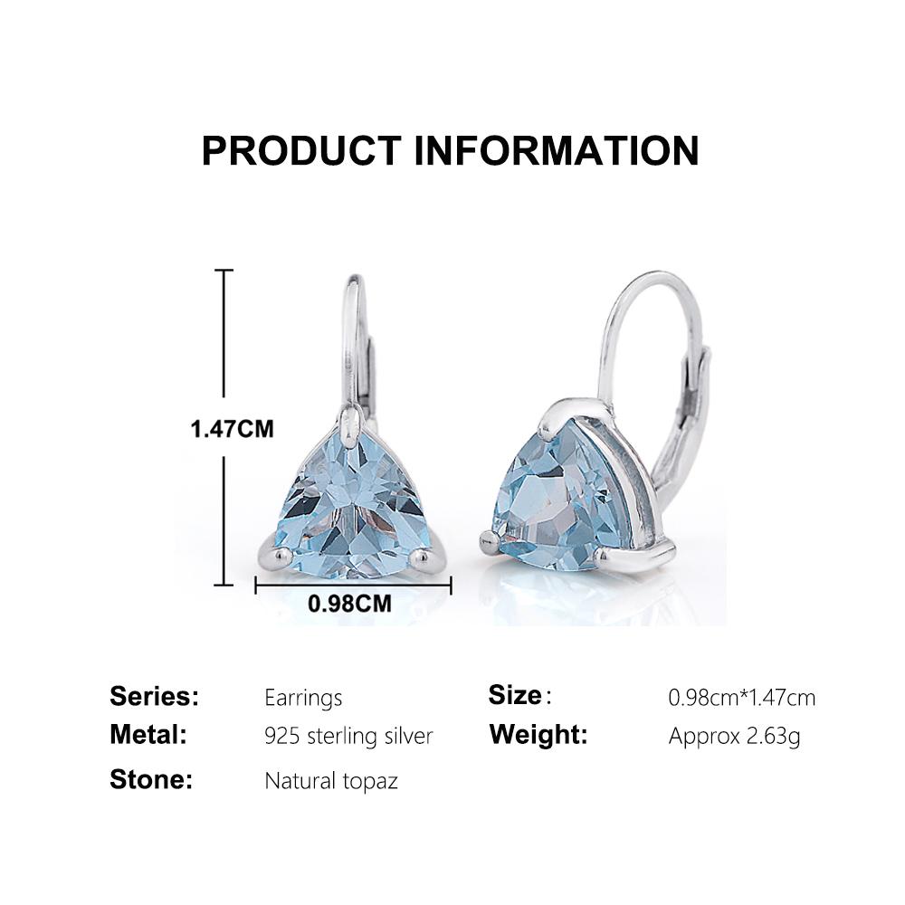 925 Sterling Silver Women's Earrings Natural Brazil Sky Blue Topaz Triangle 8.0mm Gemstones Fine Jewelry for Birthday Daily Wear