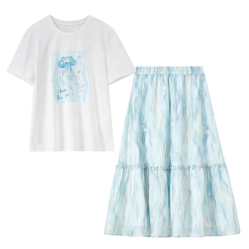 Women's Pastel Casual Set: T-shirt & A-line Skirt