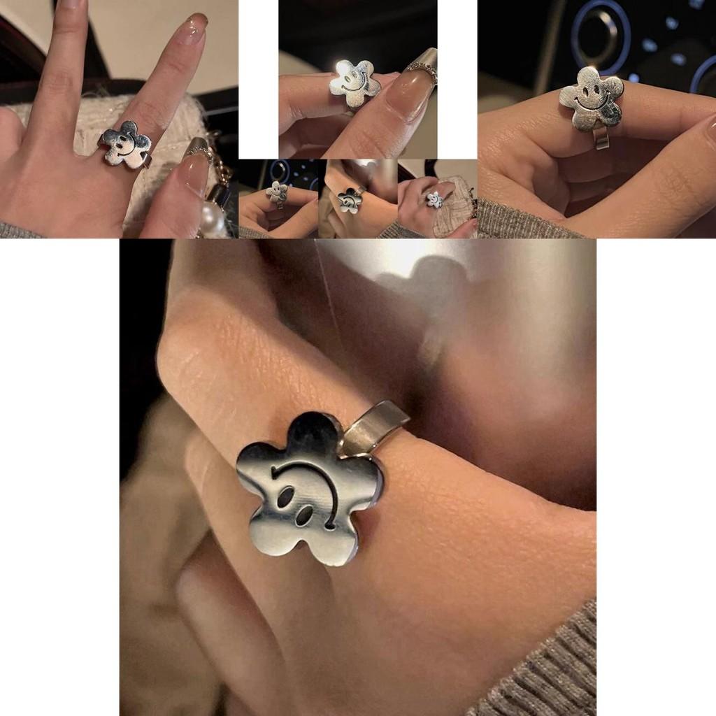 Stilvoller Hip-Hop-Ring mit Blumen-Smiley-Gesicht, einzigartiges verstellbares Kupferdesign für Damen