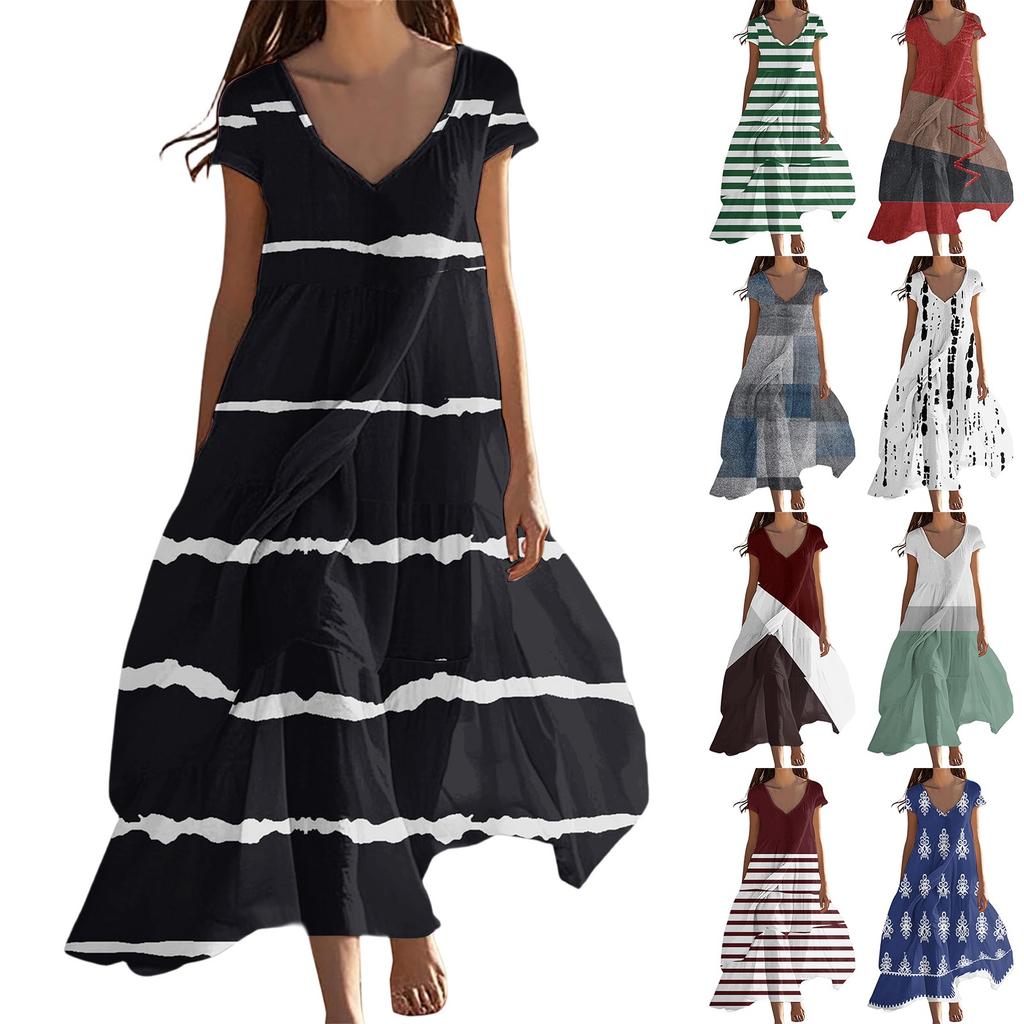 Women's Summer Fashion V-Neck Beach Long Short Sleeve Striped Geometric Print Dresses