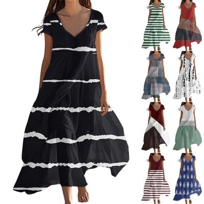 Damen Sommer Mode V-Ausschnitt Strand Lang Kurzarm Gestreift Geometrischer Druck Kleider