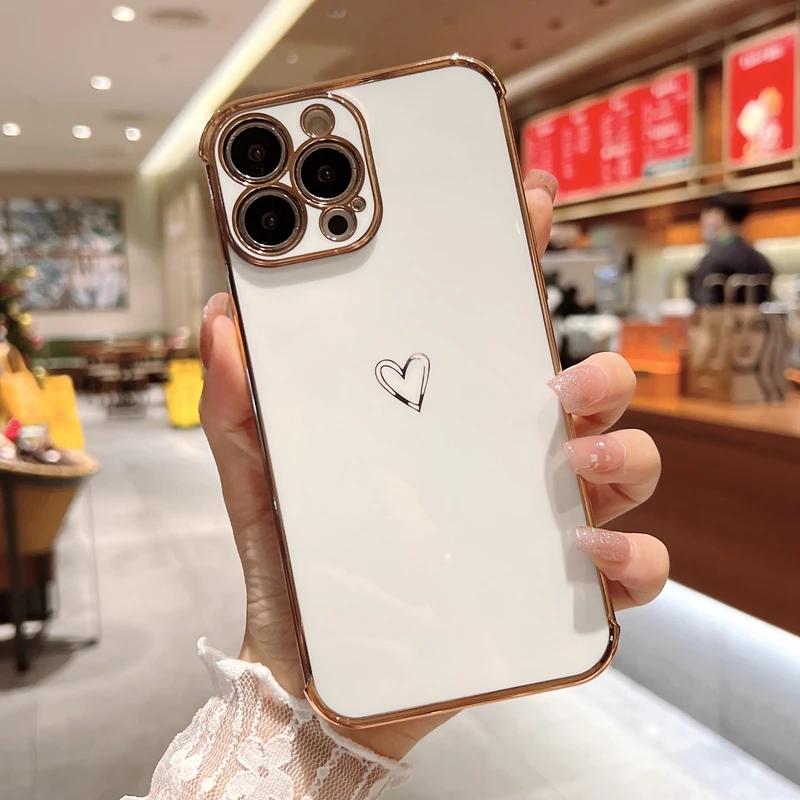 Luxury Electroplated Love Heart Phone Case For iPhone 11 12 13 14 15 16 Pro Max XS X XR Max Plus Soft Silicone Cover