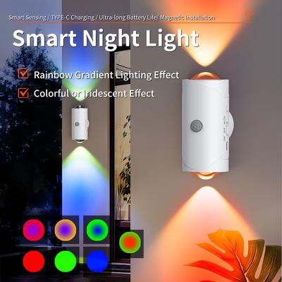 Dobíjecí LED noční světlo s pohybovým senzorem, RGB gradientní ambientní světlo, Stmívatelná vnitřní lampa, Magnetické schodišťové světlo, Vhodné pro předsíň