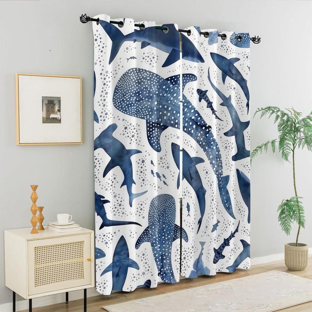 Shark Print Curtain Bedroom Living Room Balcony All Season Adults Decoration Curtains Darkening Set Of 2 Made Polyester Area Decor