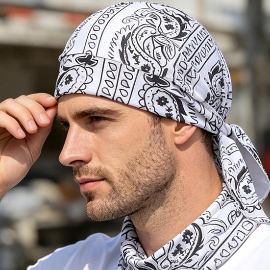 Chapéu Turban com Tiras Longas Ajustáveis Padrão Clássico de Castanha Tecido Macio Respirável Absorvente de Suor Chapéu Lenço de Cabeça