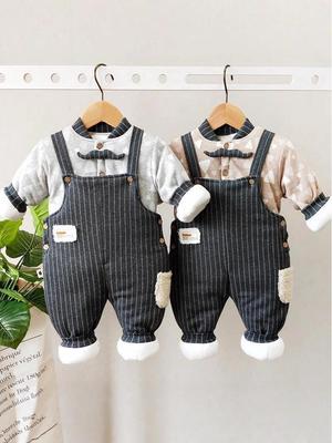 Unisex Baby Latzhosen-Set: Verdickte Baumwollgepolsterte Jacke & Hose - Warmer Herbst/Winter Zweiteiler