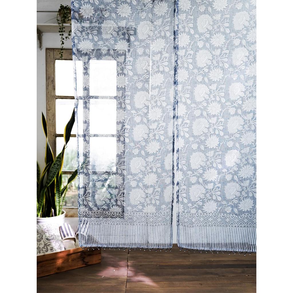 Tomo Corporation Kota Doria Block Print Noren Room Curtain, Navy, Long, Divider, 85x150cm, 11725-870-358