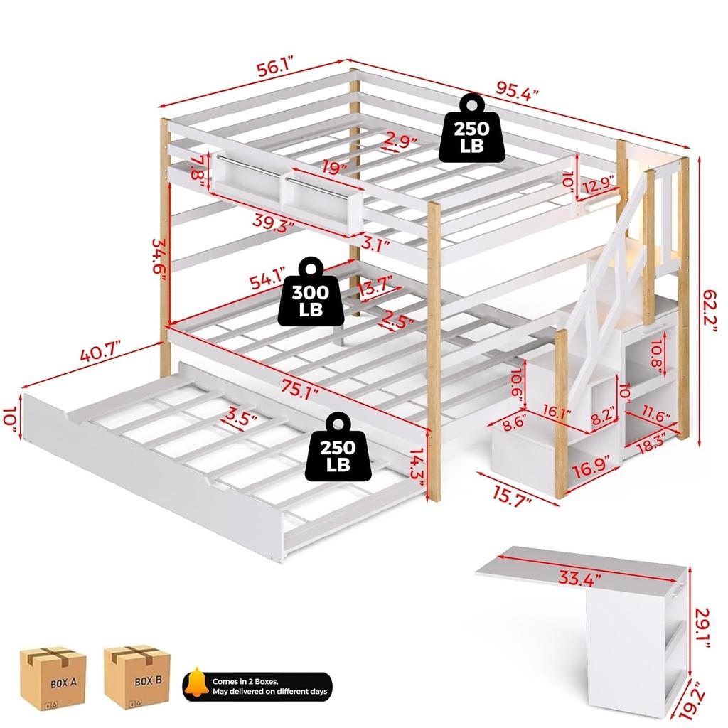 Full Over Full Bunk Bed Trundle Storage Stairs Wood Foldable Desk No Box Spring Kids Teens Adults, Customized