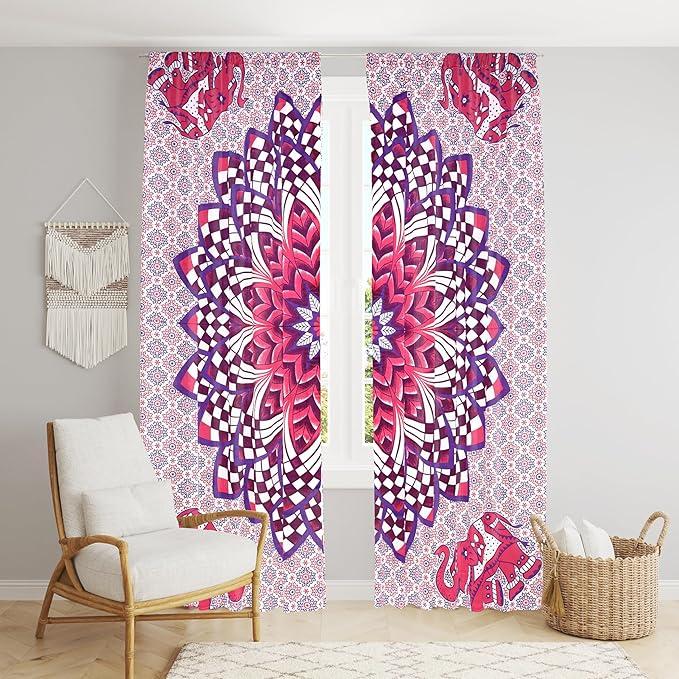 BLESS INTERNATIONAL Beautiful Indian Bohemian Psychedelic Hippie Ombre Window Curtain Panels for Bedroom, Living, Balcony (Elephant & Flower)