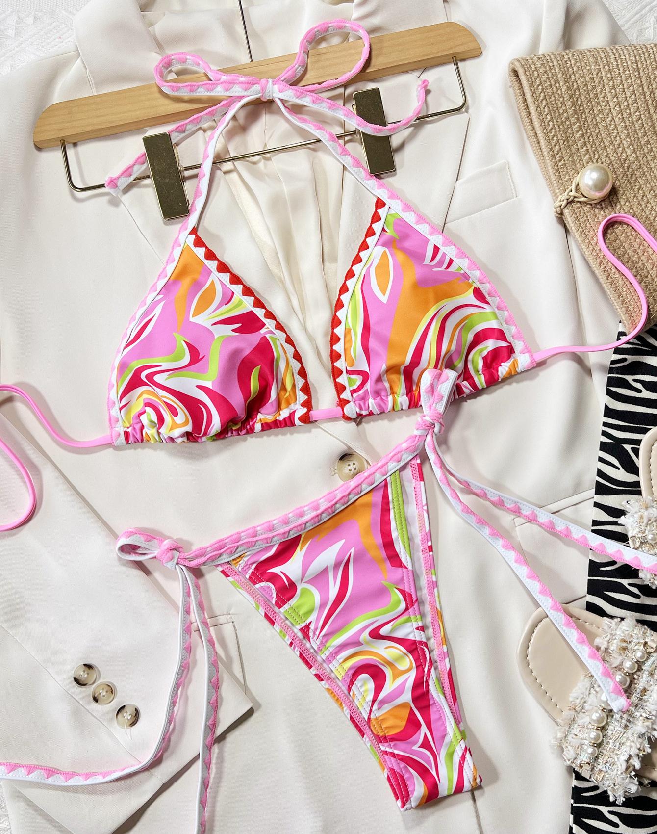 

Женский купальник, сексуальный бикини с бретелькой на шее и завязками по бокам, двухсекционный купальник, пляжная одежда, купальные костюмы L розовый