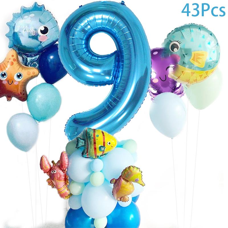 1-9 ani sub mare Balon cu animale de mare Decor de petrecere cu sirenă Baloane cu stele de mare Happy 1 2 3 ani Decor pentru ziua de naștere Lumea oceanului Baby Shower
