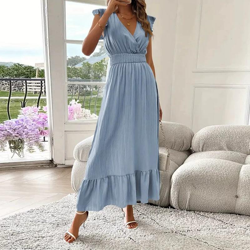 Women Solid Color V-neck Slim Short Sleeve Dress Summer Long Dress