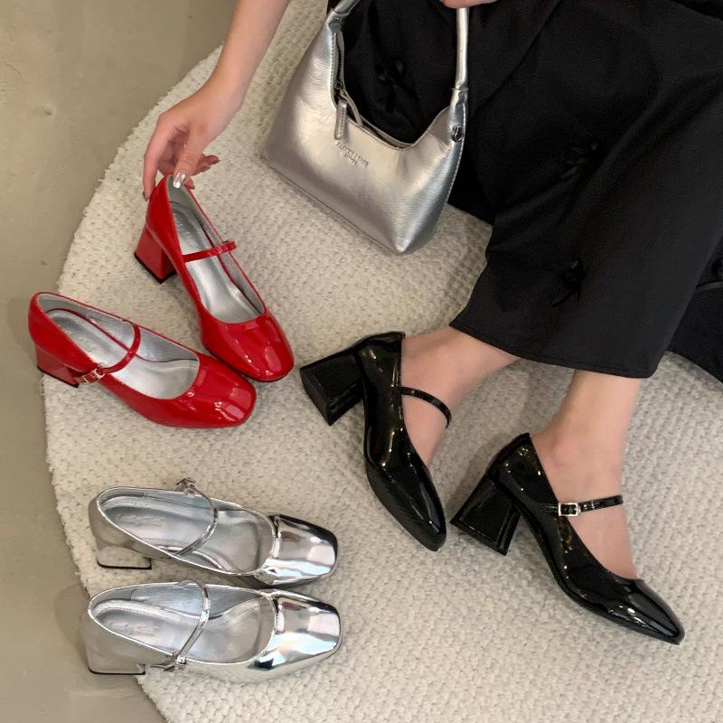 Round Toe Chunky Heel Mary Jane Shoes - Women's French Low-Cut, One-Strap Commuter Heels