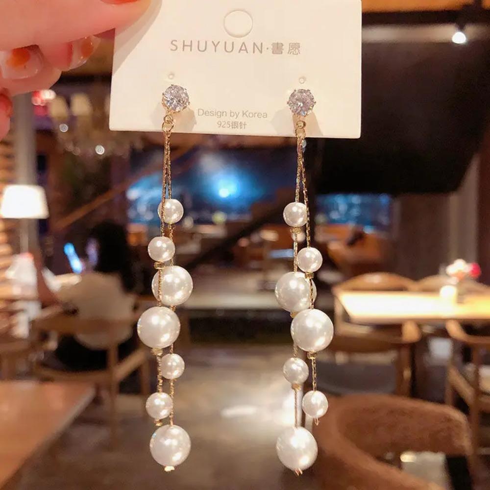 Imitation Pearl Beads Tassel Long Dangle Earrings Elegant Wedding Earrings Jewelry for Women