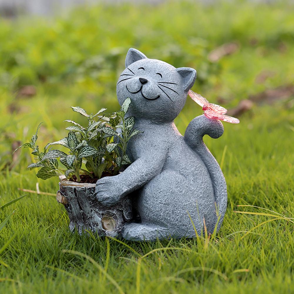 Solar Powered Decorative Animal Planter Resin Cat Butterfly Planter Statue Creative Desktop Cat Flowerpot for Cabinet Backyard