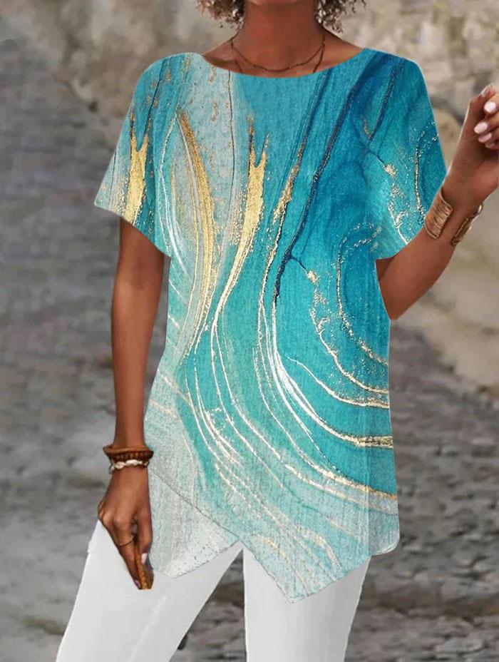 Haut Tunique Ample à Manches Courtes et Imprimé Géométrique Abstrait à Ourlet Irrégulier pour Femme Blouse Décontractée