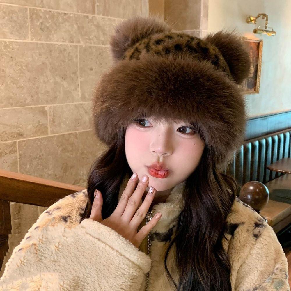 Korean Style Bear Ears Plush Hat Warm Cap Mink Fur Fisherman Hat Fluffy Warm Hat Autumn and Winter