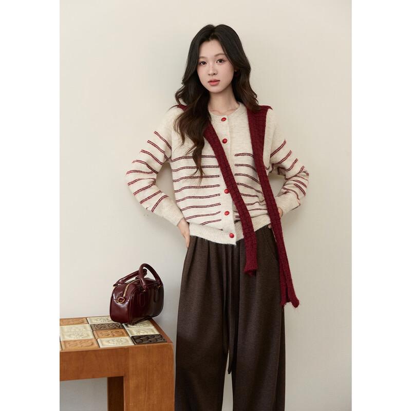 

Women s Red Striped Knit Cardigan Sweater Set with Shawl One Size