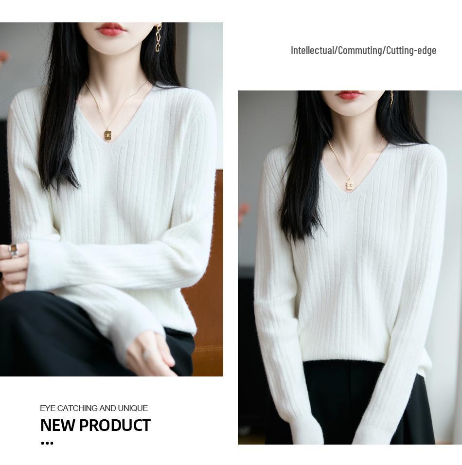 Temperamental Minimalist Women's V-neck Slimming Sweater - Soft, Casual, Skin-friendly Knitted Base for Autumn/Winter.