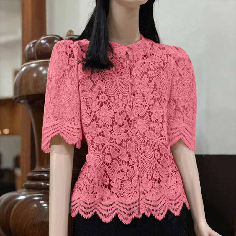 

ZANZEA Женская летняя блузка с кружевной вставкой крючком, воротником-стойкой и рукавом до локтя 5XL розовый