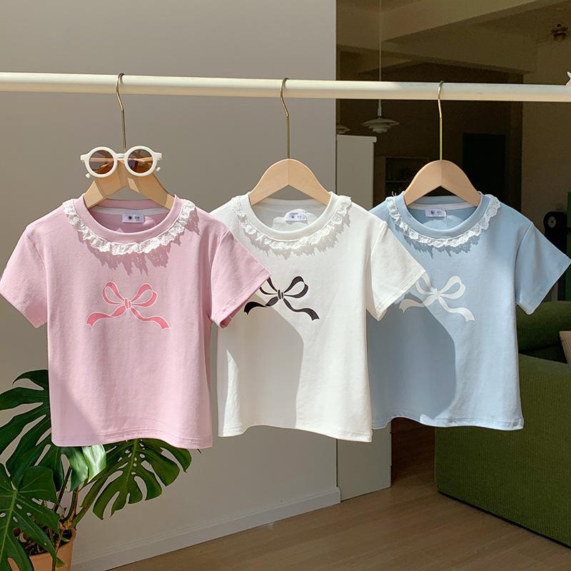 Girls' Casual Cotton Short-sleeved T-shirt For Summer, Cute Little Bow T-shirt For Children