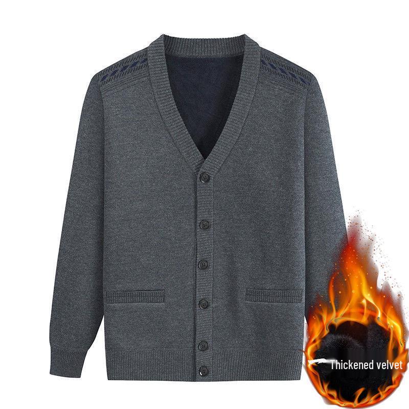 Men's V-Neck Thick Fleece Cardigan: Warm Knitwear for Dad and Grandpa