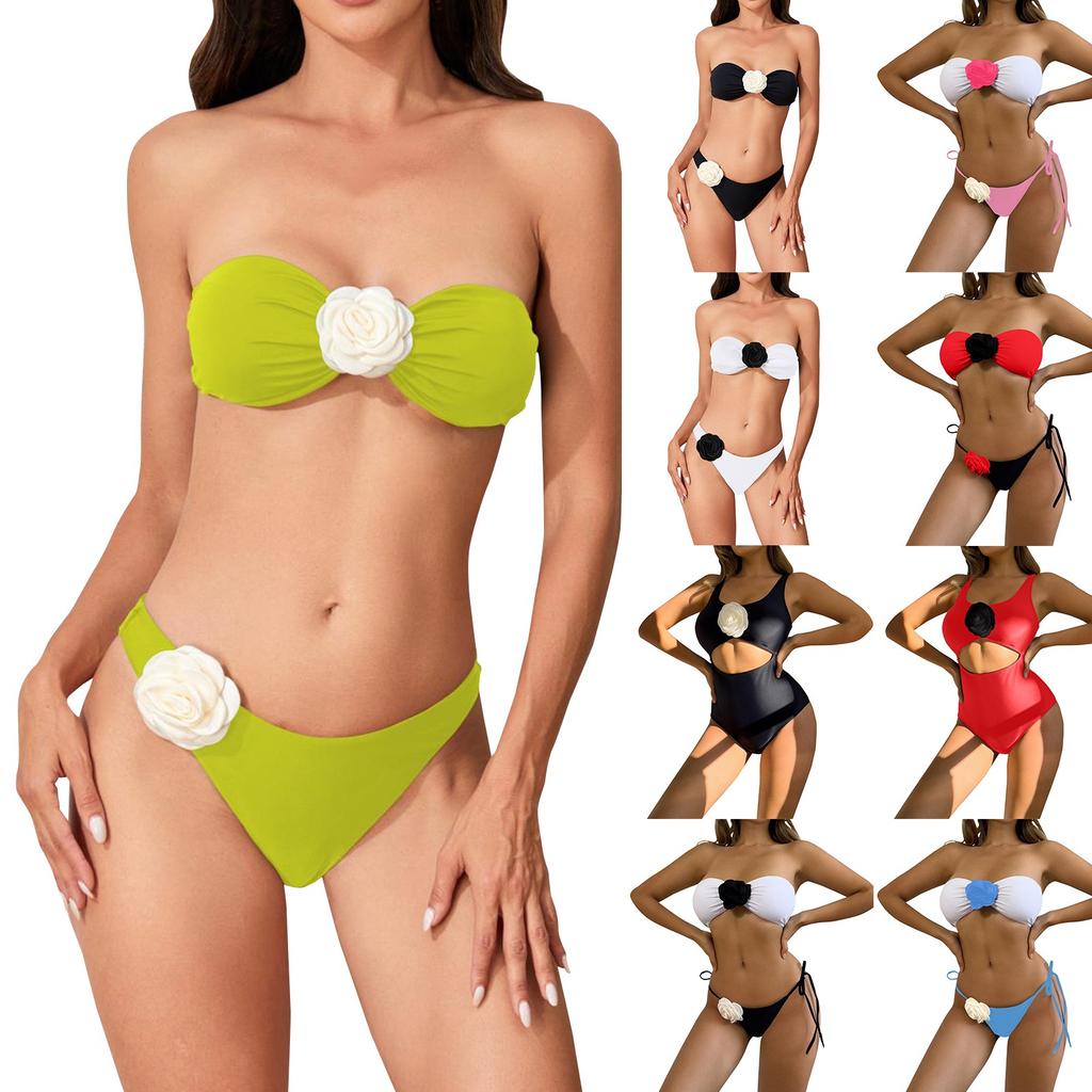 Women's Soild Color 3D Floral Split Top Fashionable Beach Bikini Swimsuit