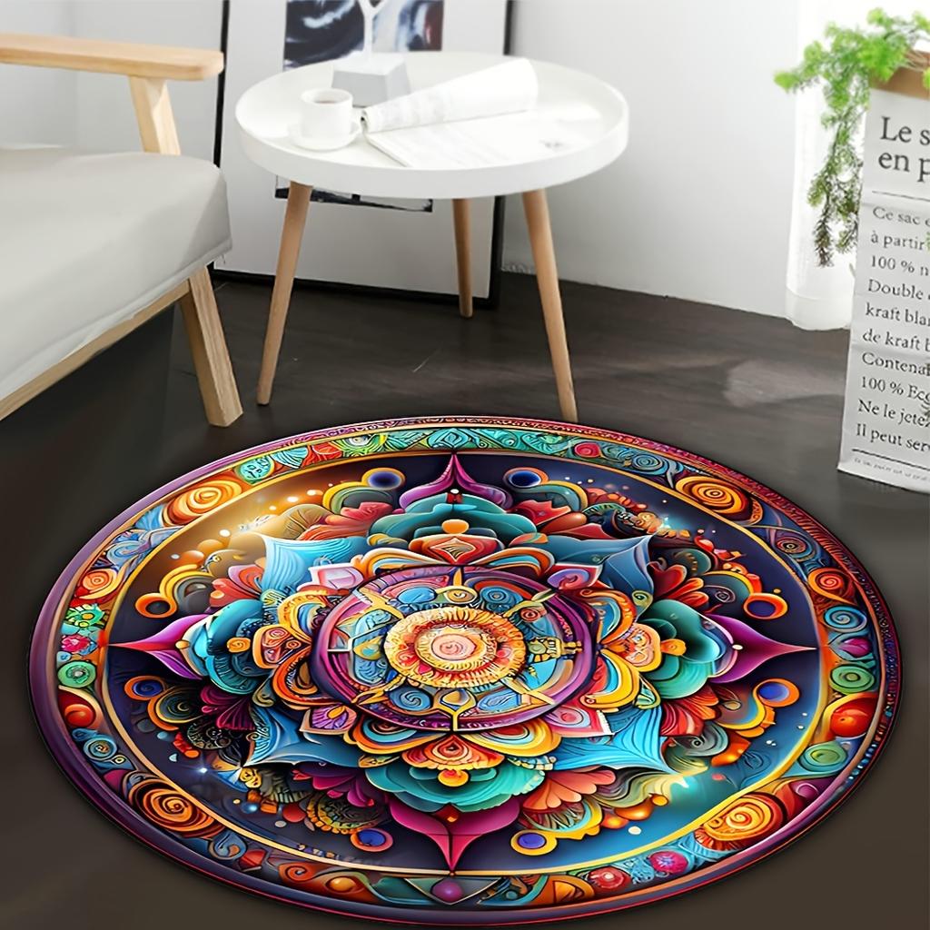 Mandala Flower Round Area Rugs - Non-Slip & Washable Polyester Carpet for Bedroom, Living Room & Farmhouse Decoration