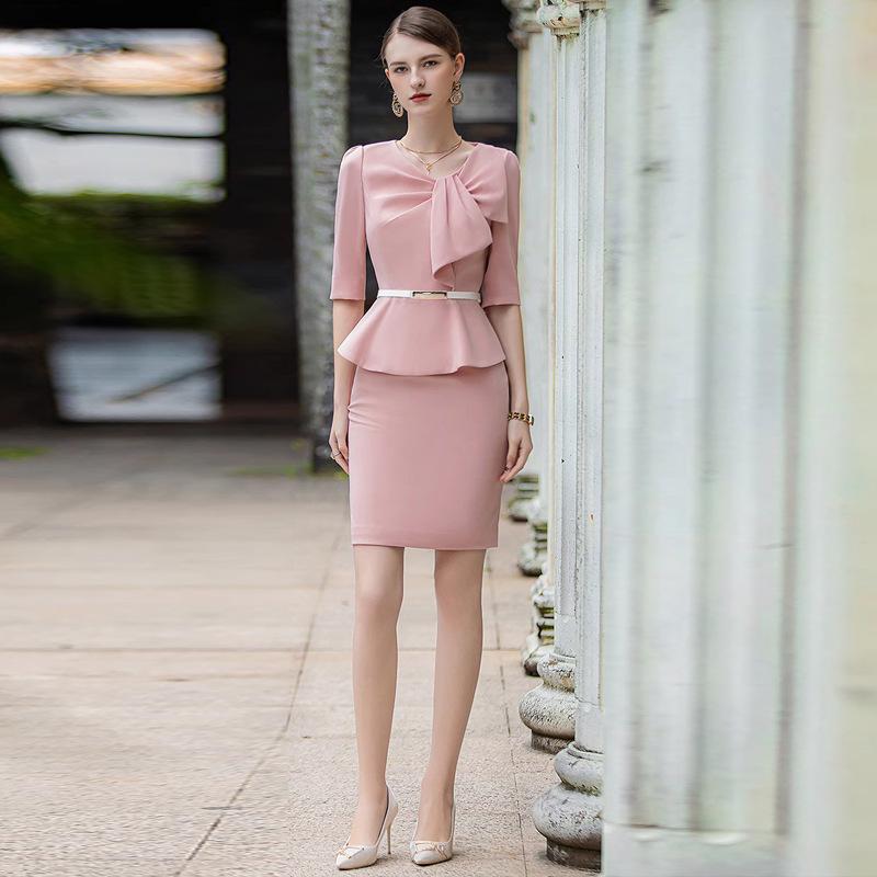

Spring Pink Faux Two-Piece Bowknot Mid-Sleeve Slimming Dress S