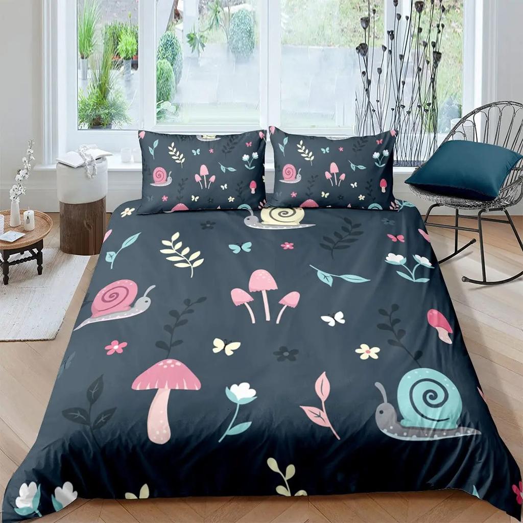 Kawaii Snails Duvet Cover Set Gradient Rainbow Printed Bedding Set Bedroom Decor Funny Snails Plant Duvet Cover for Boys Girls