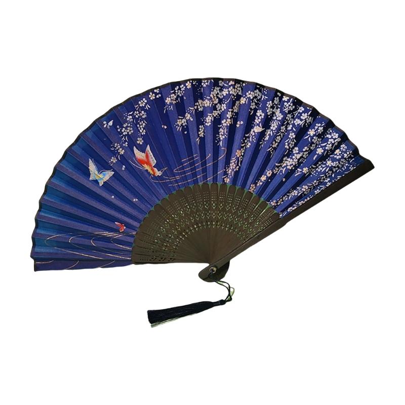 Éventail traditionnel chinois vintage avec pompons Éventail pliant portable Éventail de danse pour femmes Mariages Bals de fin d'études Photographie