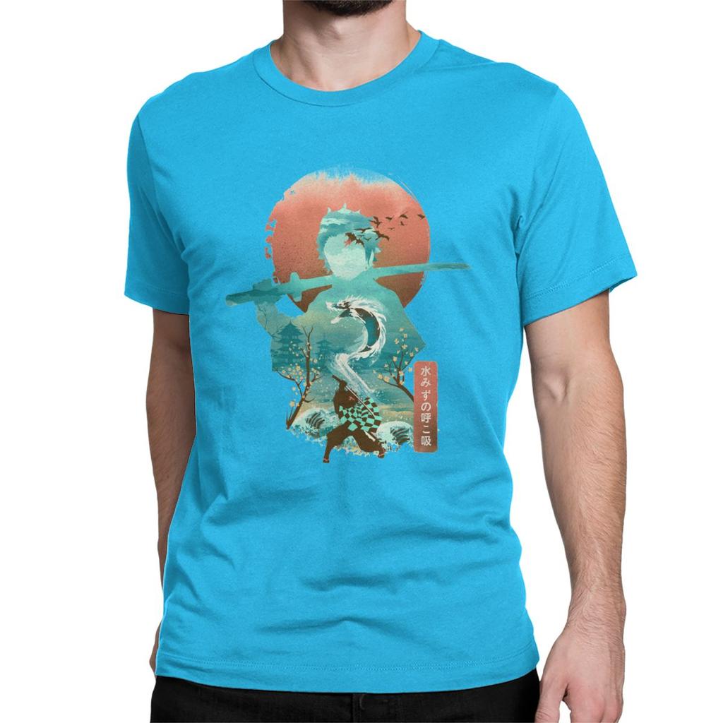 Men T Shirt Ukiyo E Breath Of Water Classic Vintage Pure Cotton Tee Shirt Demon Slayer
