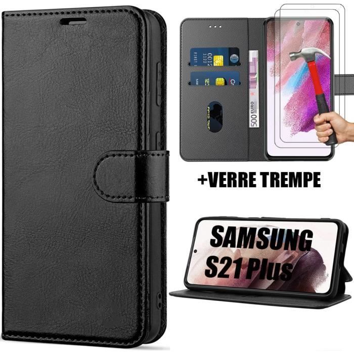 Coque de Protection - BOOLING - pour Samsung Galaxy S21 Ultra - Coque Noir Effet Cuir - 2 Verres Trempés - Protection 360°