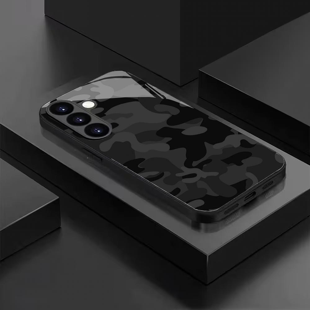 Black camouflage tempered glass phone case suitable for Samsung Galaxy S26 S25 S24 S23 S22 S20FE/Ultra/Plus anti drop back cover