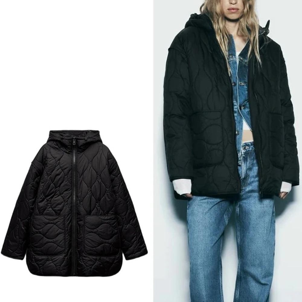 Hooded Jacket Autumn and Winter Zipper Long Sleeve Warm Solid Color Cotton Clothing Fashionable Women's Tops