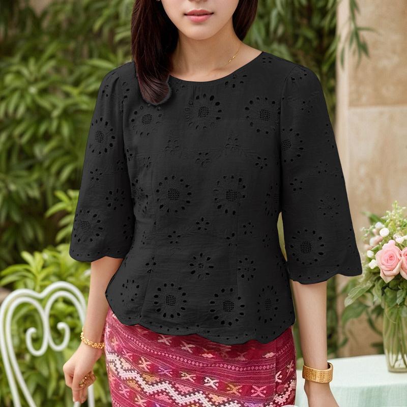 ZANZEA Women Casual Round Neck 3/4 Sleeve Loose Patchwork Crochet Blouse