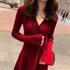 2025 Autumn/Winter Women's French Retro Hepburn Style Red Knit Dress
