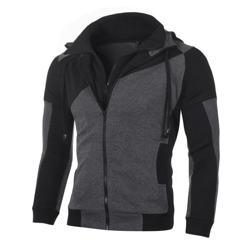 New Style Fashionable Men's Personalized Color-blocking Double-layer Zipper Hooded Cardigan Slim and Versatile Sweatshirt
