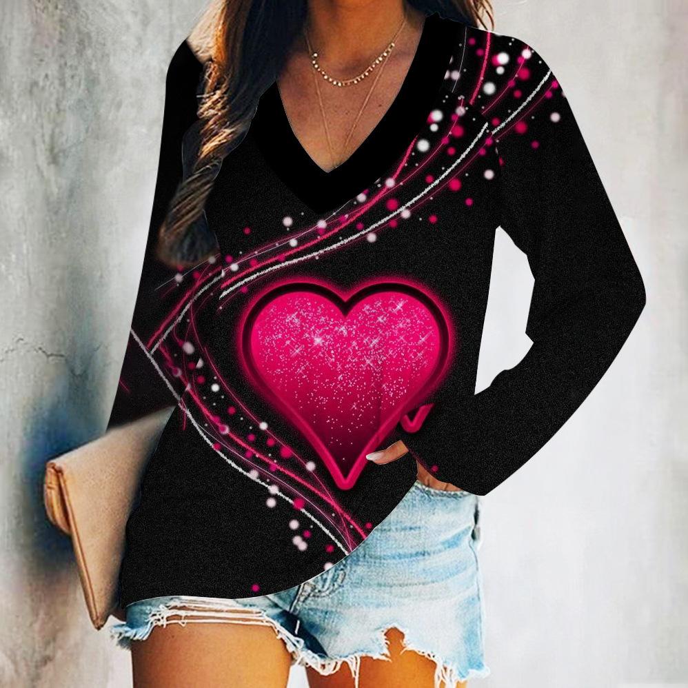 

V-neck 3D Love Pattern Printed Top Fashionable Casual Long Sleeved Women s T-shirts 6XL