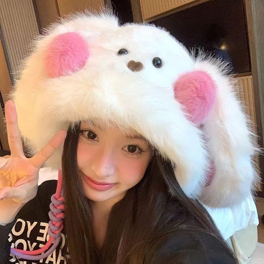 

Winter new plush children thickened face little cute rabbit cold warm ear hat белый