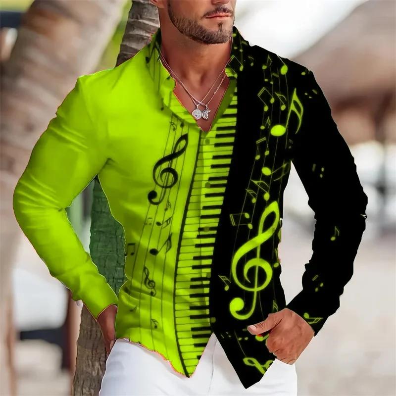 Music Piano Print Long Sleeve Shirt, Stylish Casual Men's Top