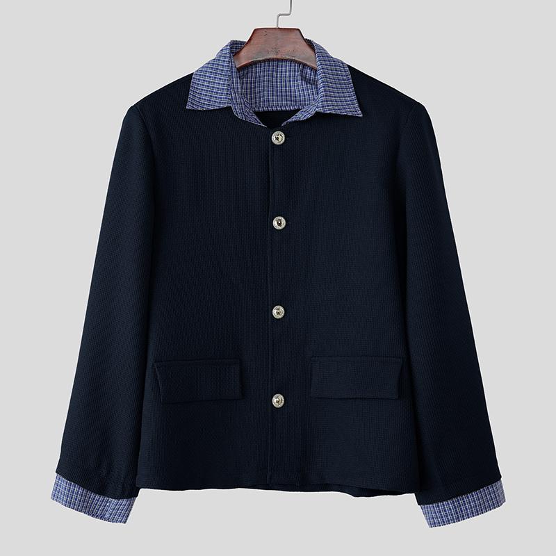 

INCERUN Autumn Men Stitching Neck Long Sleeve Buttons Casual Loose Texture Jackets Coats S темно-синий