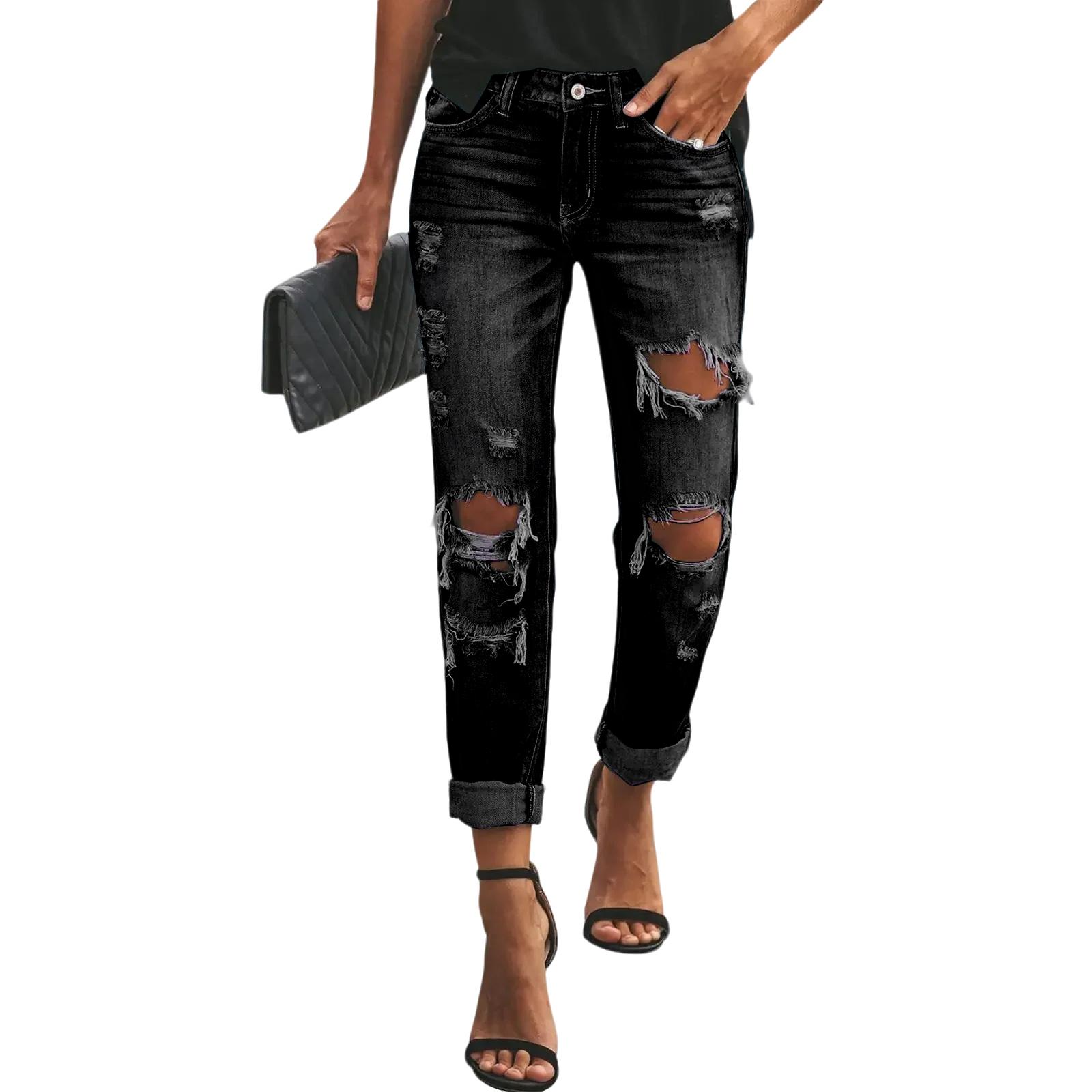 Ladies  Color Loose Casual Ripped Casual Jeans L