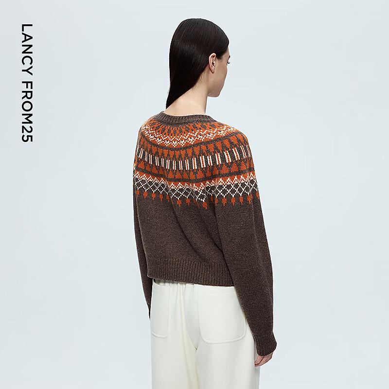 LANCY Wool Fair Isle Color Block Knit Cardigan