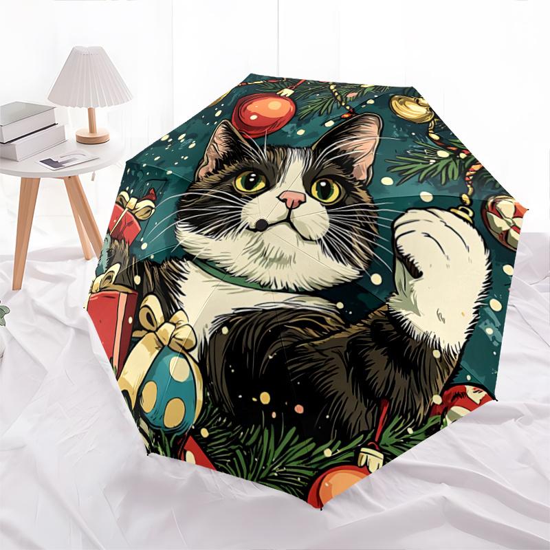 1pc Christmas Cat Automatic Open/CloseUmbrella-CuteUmbrella with Cute Design, Portable 3-Fold Compact Umbrella for Men & Women, Valentine's Day M