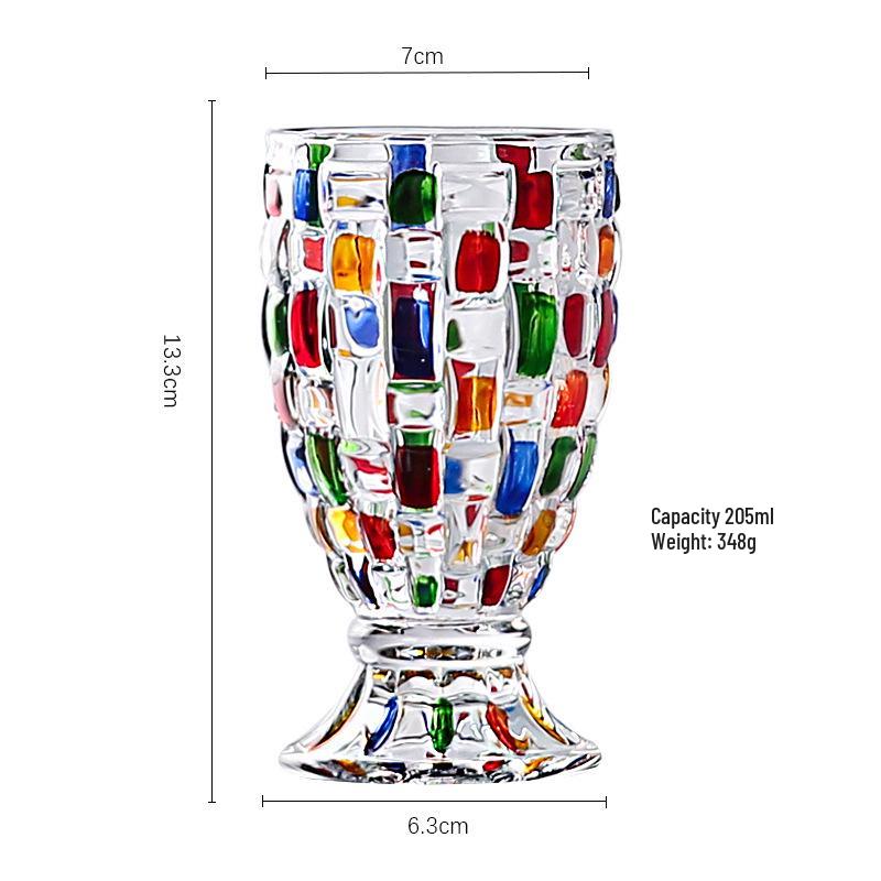 Colorful Striped Glass Goblet: High-Foot Milk Tea & Dessert Cup with Woven Texture, Perfect for Juice and Water.