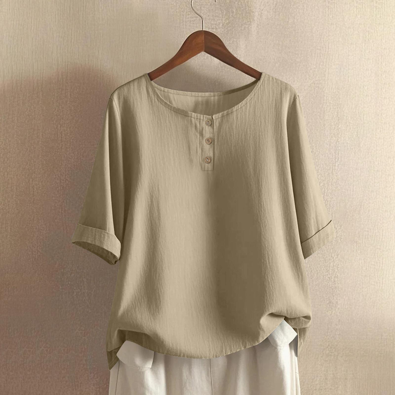 

Women s Fashionable And Casual Shirt Half-sleeve Round Neck -color Cotton And Linen Blouse Top S хакі